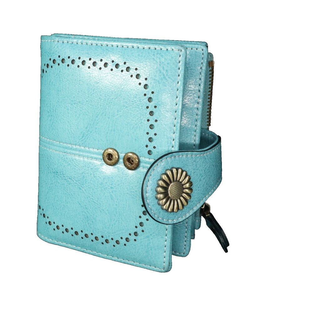 Teal Wallet small multi pocket snap close bi-fold 5"x4" closed